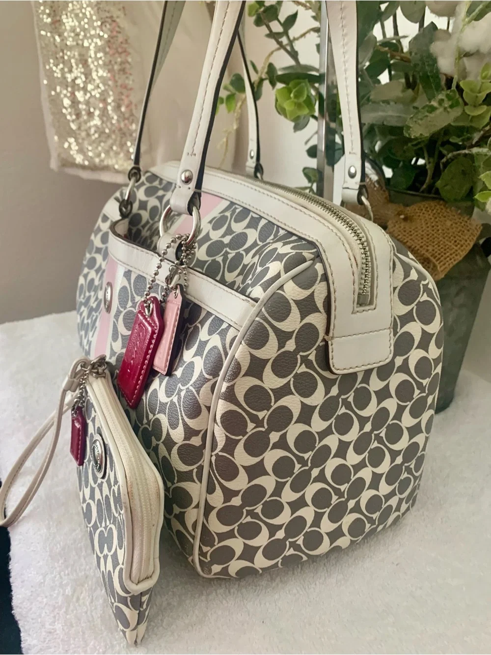 Coach Heritage Signature Cream and Gray Patterned Handbag with Pink Accent